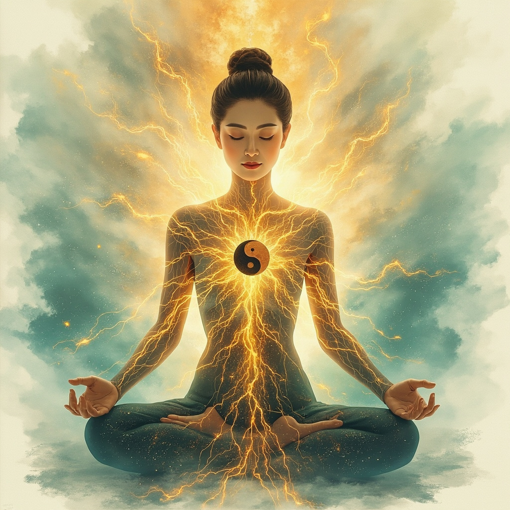 Serene illustration of a woman in lotus pose with glowing golden meridians flowing from adrenal glands, liver, and brain, intertwined with yin-yang symbol and soft hormone auras in harmonious blues and greens, TCM ink style.