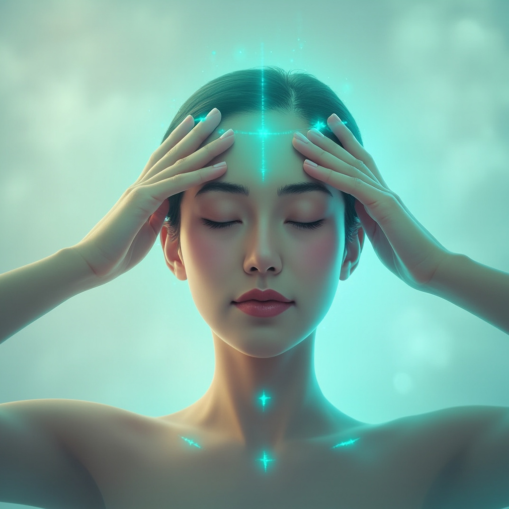 Serene illustration of a person gently massaging temples and forehead, with subtle glowing meridians along scalp and neck in soft blue and green tones, evoking TCM energy flow and relief from tension headache.