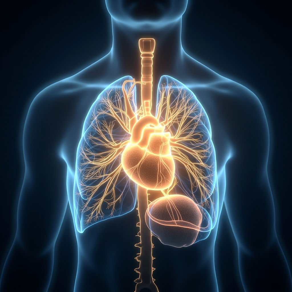A serene illustration of the human chest cavity showing the mediastinum as a glowing central hub between the lungs, with the heart, trachea, and blood vessels in soft harmonious light, ethereal qi energy flowing around, in calming blues and golds.
