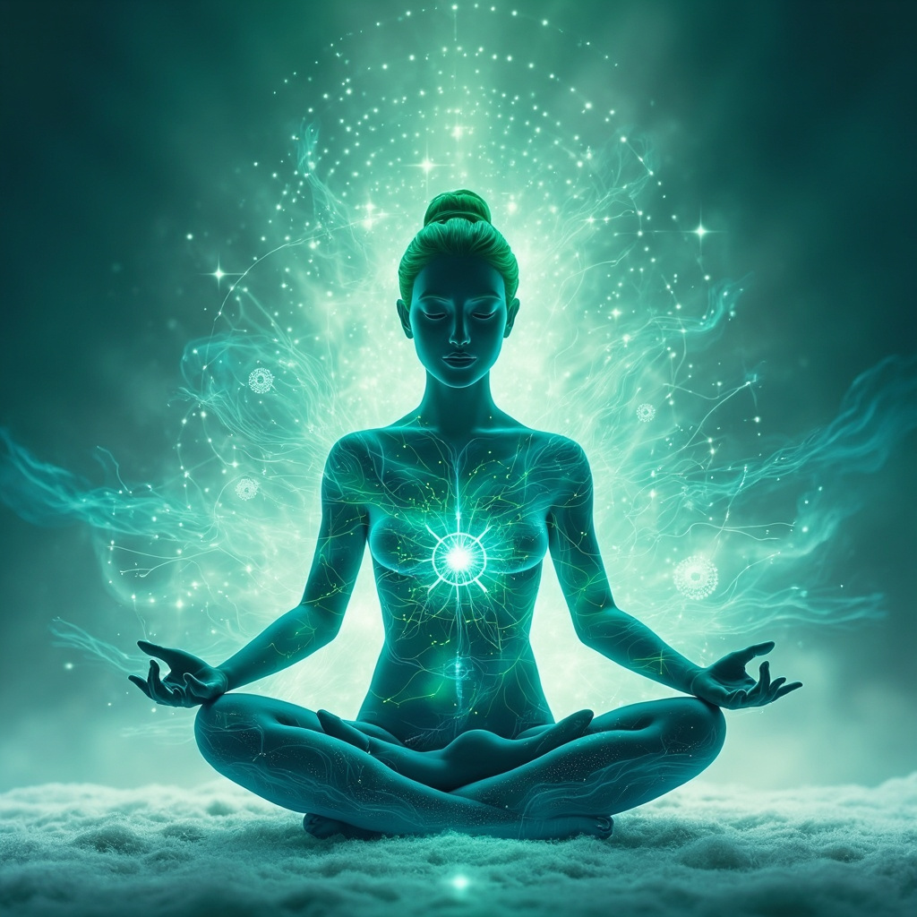 A serene illustration of a person meditating with glowing energy waves balancing a subtle virus icon in the body, soft blues and greens evoking calm and vitality, against a TCM meridian background.