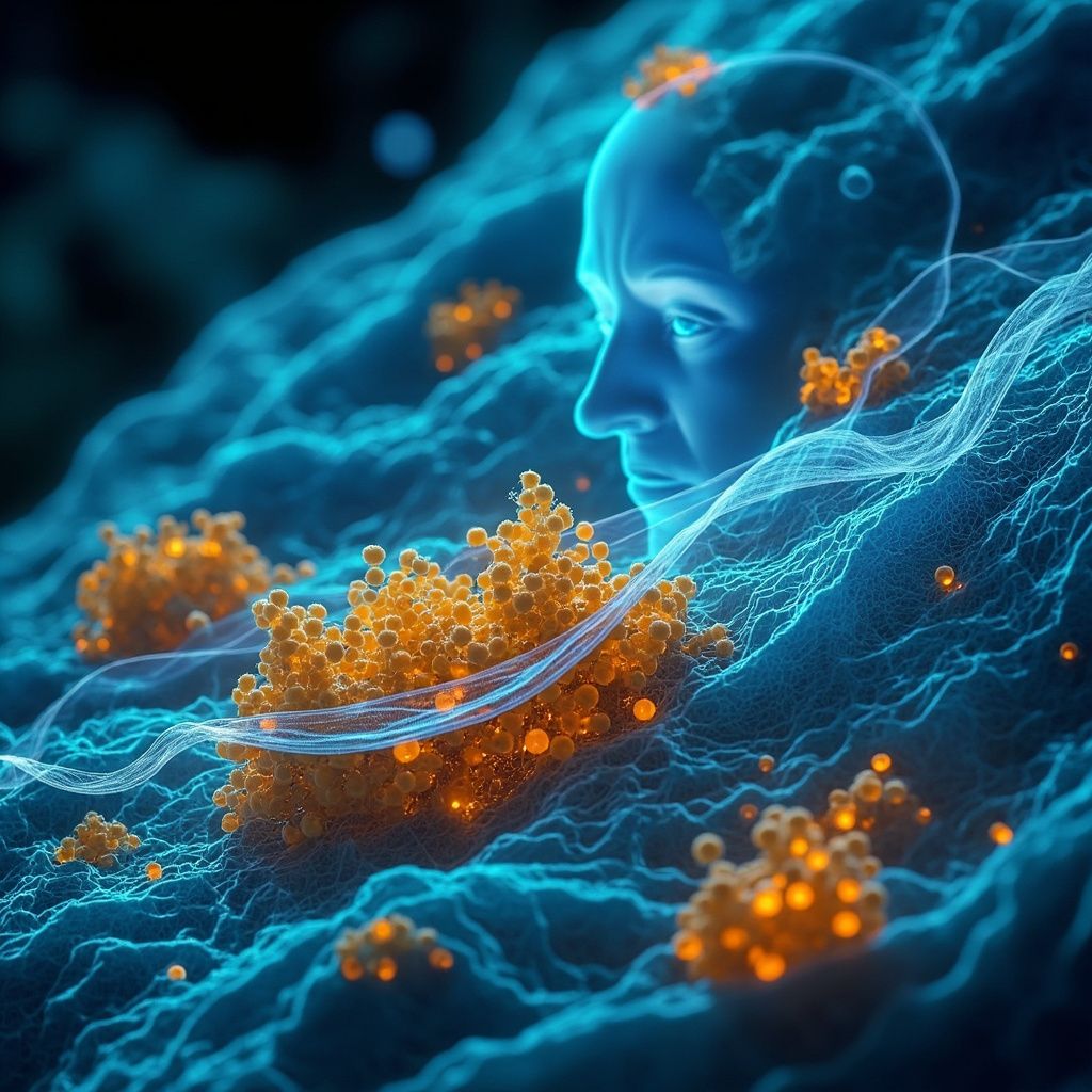 Microscopic illustration of Candida glabrata yeast forming biofilms in bladder tissue, with faint overlays of a weary anxious face and fatigue waves, medical style in blues and oranges.