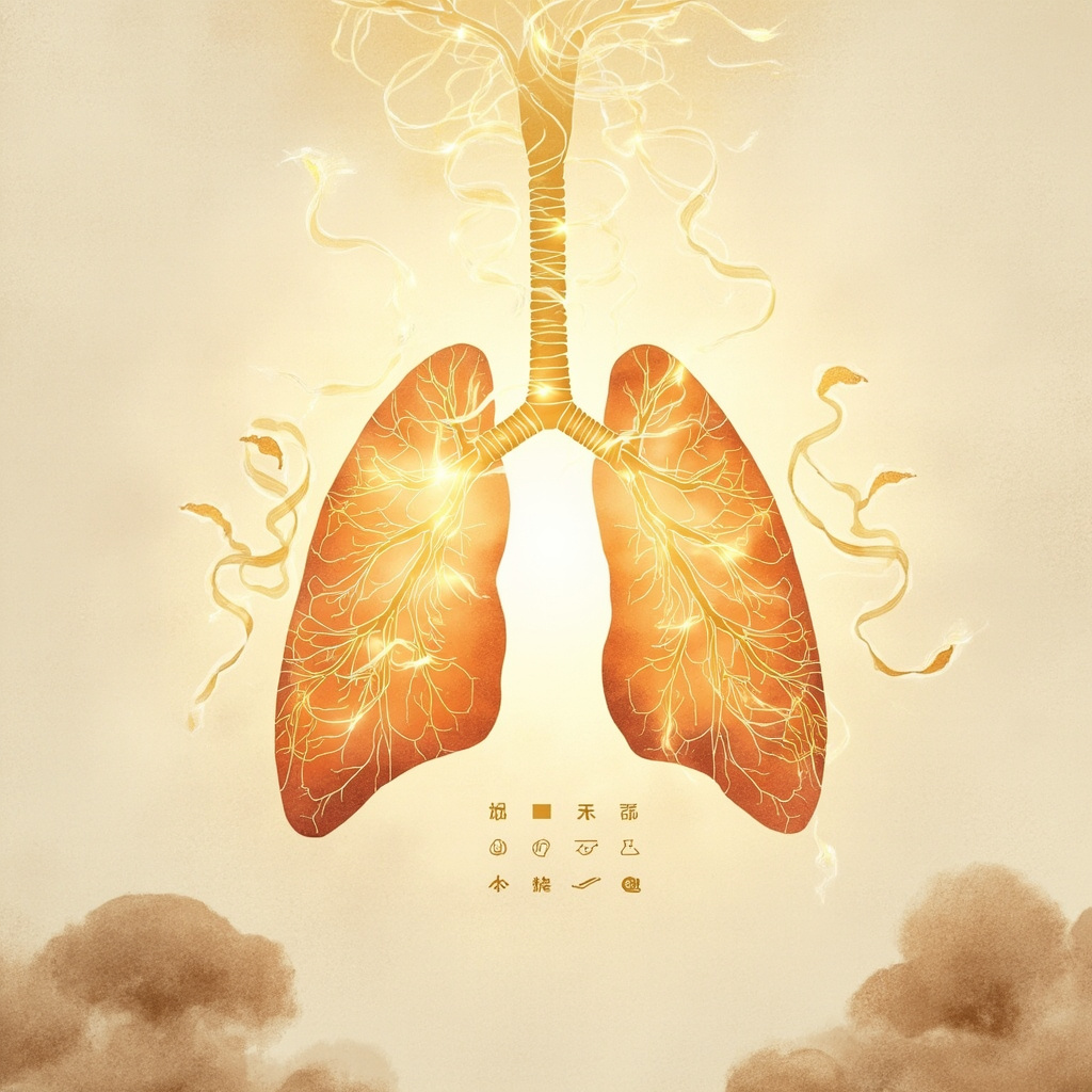 Serene TCM illustration of healthy lungs with flowing qi energy in golden light, balancing against subtle fungal shadows, minimalist style with meridians and five elements symbols