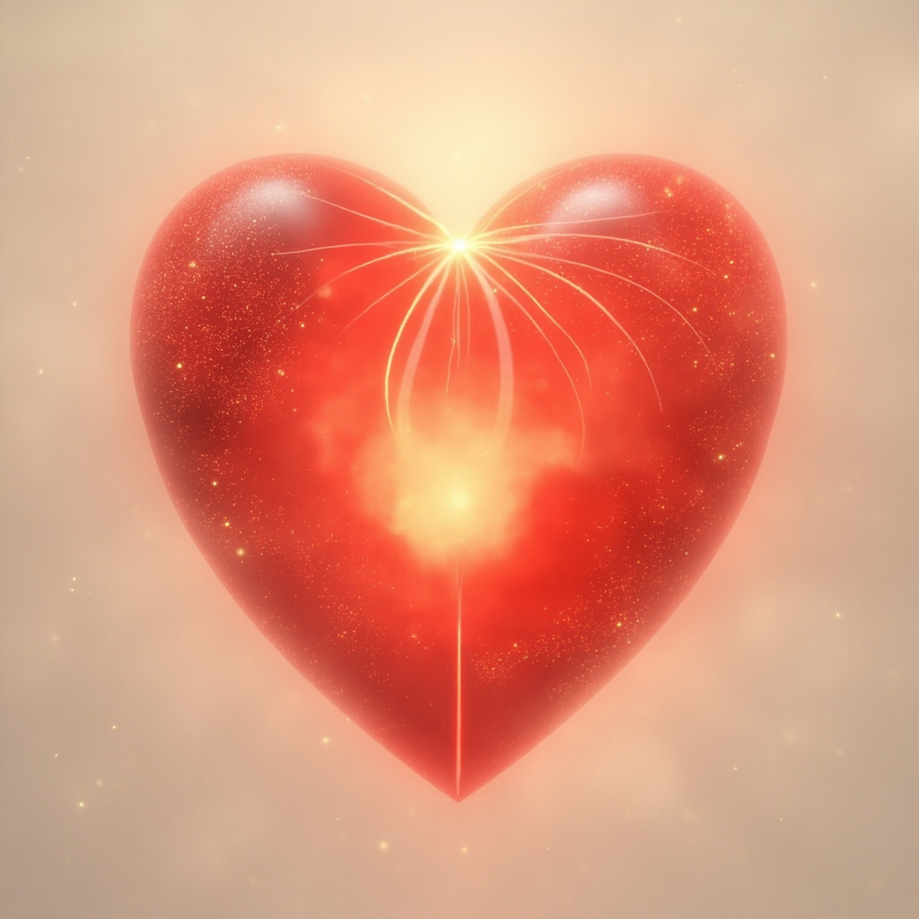 Serene glowing red heart symbol in TCM style, with yin-yang balance, flowing qi meridians, soft light rays evoking joy and emotional healing, minimalist illustration.