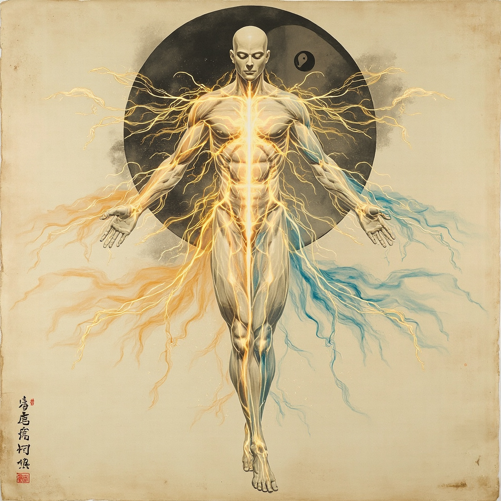 Serene illustration of human musculature with glowing qi meridians flowing through arms, legs, and torso in traditional Chinese ink brush style, balanced yin-yang symbol in background, soft blue and gold tones.