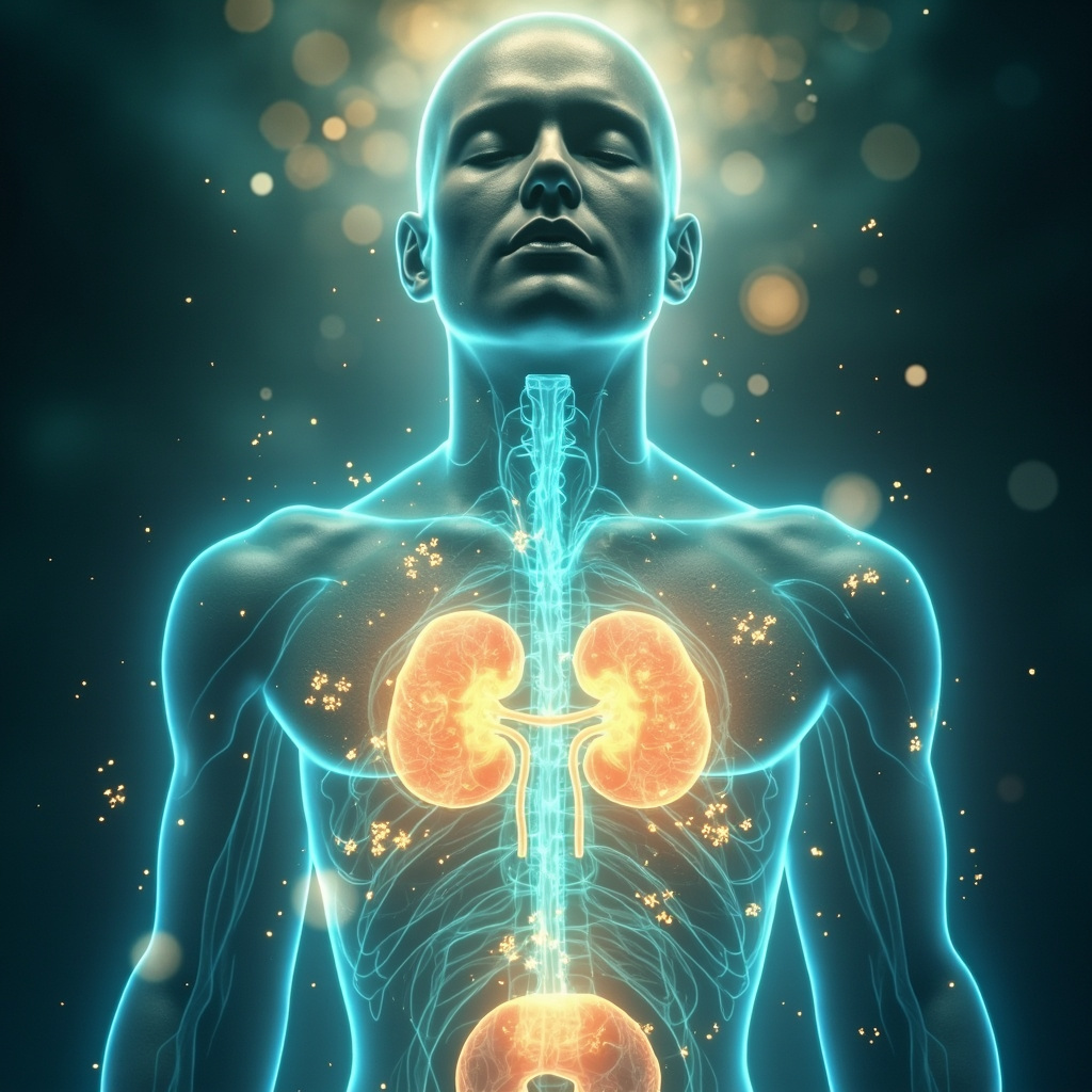 Serene illustration of glowing kidneys and bladder with flowing blue TCM meridians, subtle bacteria icons fading into harmony waves, calm face overcoming anxiety, soft energy aura.