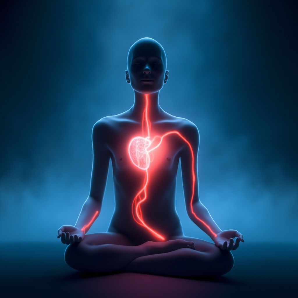 A glowing illustration of the Pericardium meridian pathway on a human silhouette, energy lines in soft red from chest down the arm to middle finger, protective shield around heart, calm blue serene background.