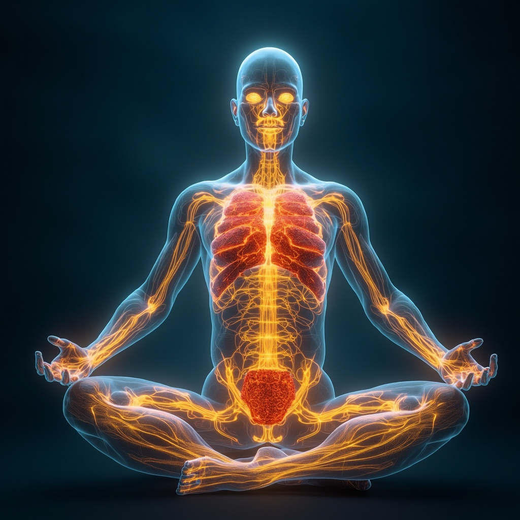 Serene illustration of human body with glowing TCM meridians, smooth golden blood flow waves contrasting red stagnant blocks, person in qigong pose feeling vital, soft blues and warm golds, professional medical art style.