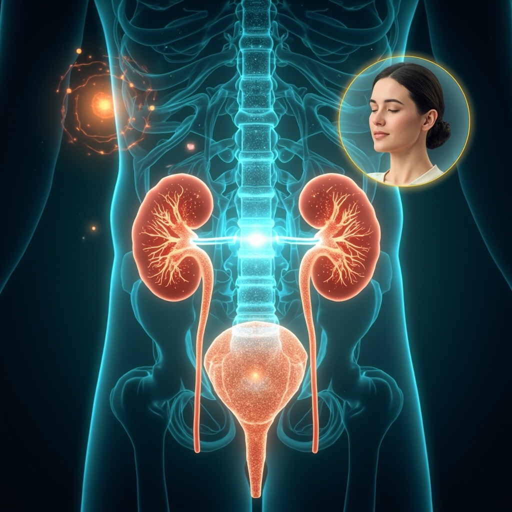 Illustration of a human urinary system with glowing blue energy waves balancing kidneys and bladder, dissolving stone-like formations, surrounded by soft meditative aura and TCM meridian lines, calm face inset feeling relief, professional medical art style.