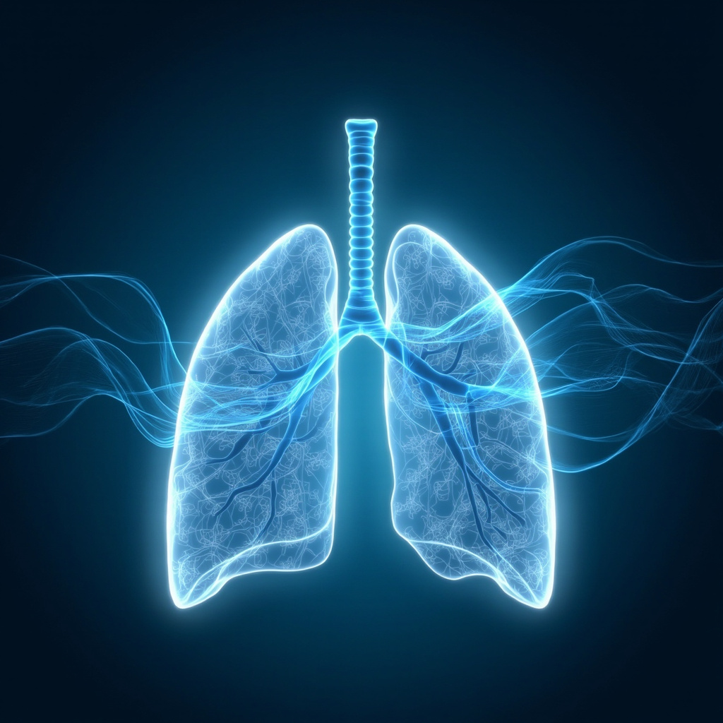 Serene medical illustration of human lungs with subtle rod-shaped bacteria harmonized by glowing blue frequency waves and calming energy meridians, evoking transition from anxiety to peace, professional health blog style, soft lighting.
