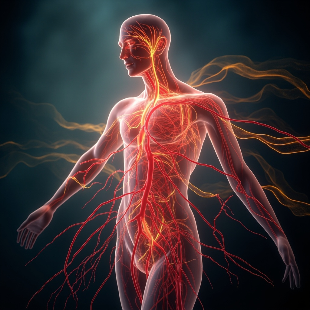 Prompt: Detailed anatomical illustration of the human right-side veins highlighted in red, with subtle golden TCM meridian lines overlay, soft flowing qi energy waves, serene blue-green background, professional medical art style