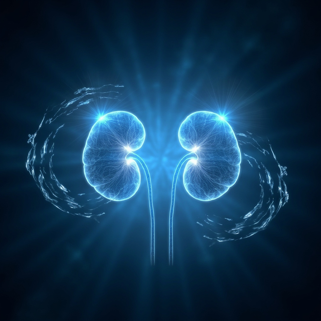 Serene illustration of human adrenal glands on kidneys glowing with balanced blue energy waves, surrounded by TCM meridians and calming symbols like flowing water for Kidney Qi, soft lighting, professional medical art style.