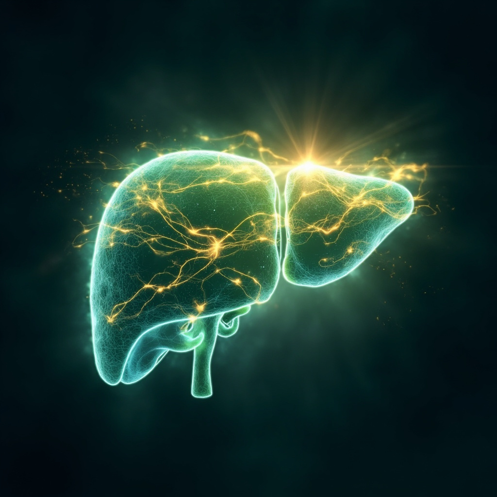 Serene illustration of a glowing human liver with flowing golden qi energy lines in Traditional Chinese Medicine style, soft green and blue tones, healing light frequencies, no text, professional medical art