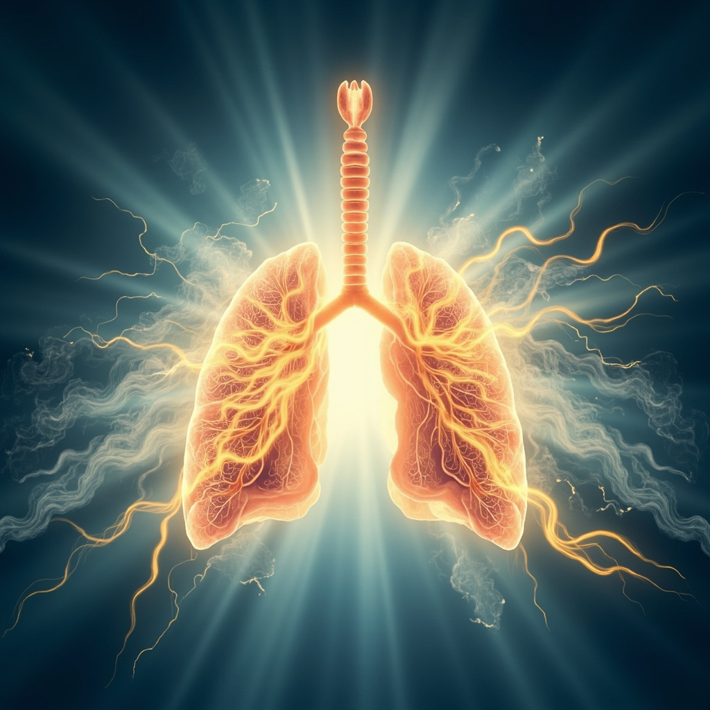 Serene TCM illustration of glowing lung tissue releasing ethereal grief clouds as golden qi flows freely, calming blues and soft whites, healing energy waves.