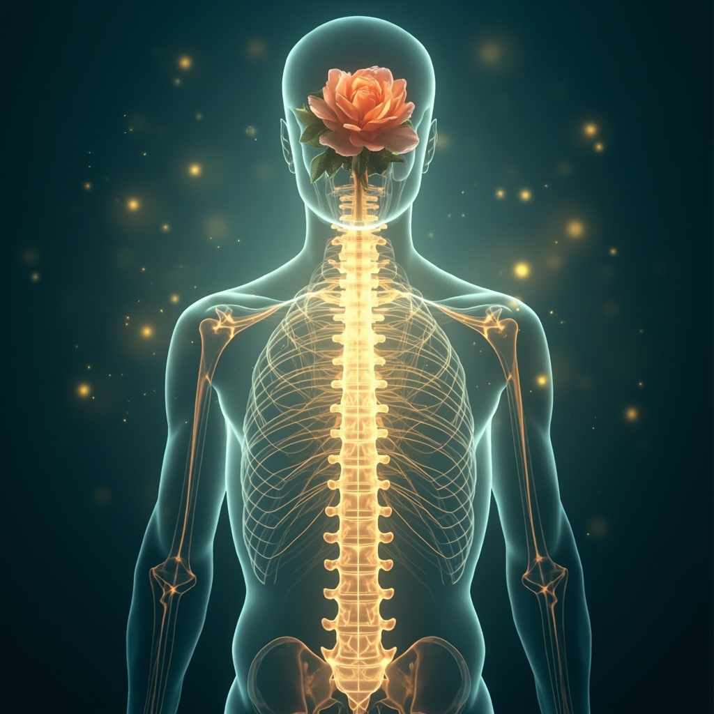 Serene anatomical illustration of the human spine focusing on glowing T5 vertebra in mid-back, with nerve pathways extending to heart and lungs, overlaid with subtle TCM meridians in gold lines, emotional symbols of a broken heart and blooming flower representing grief to joy, calming blue-green background.