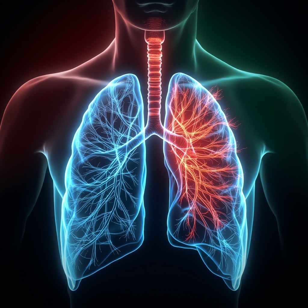 Illustration of human lungs with bronchioles highlighted in blue, showing open healthy airways on one side and constricted tight airways on the other under red stress waves and fear symbols like shadows invading space, soft glowing energy lines representing qi meridians, calming gradient from anxious red to serene green.