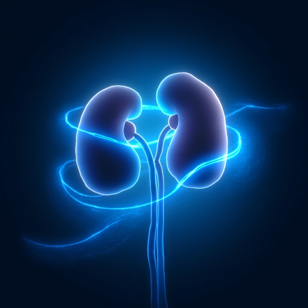 Serene illustration of human kidneys and bladder with glowing blue meridians representing the water element in TCM, soft energy waves harmonizing the urinary system, minimalist style.