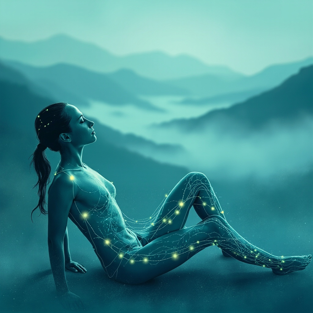 Serene illustration of a person in a restorative yoga pose with glowing acupuncture points CV6, SP6, ST36, BL15 highlighted by soft qi energy lines flowing through meridians, calming blue-green tones, nature background with misty mountains.