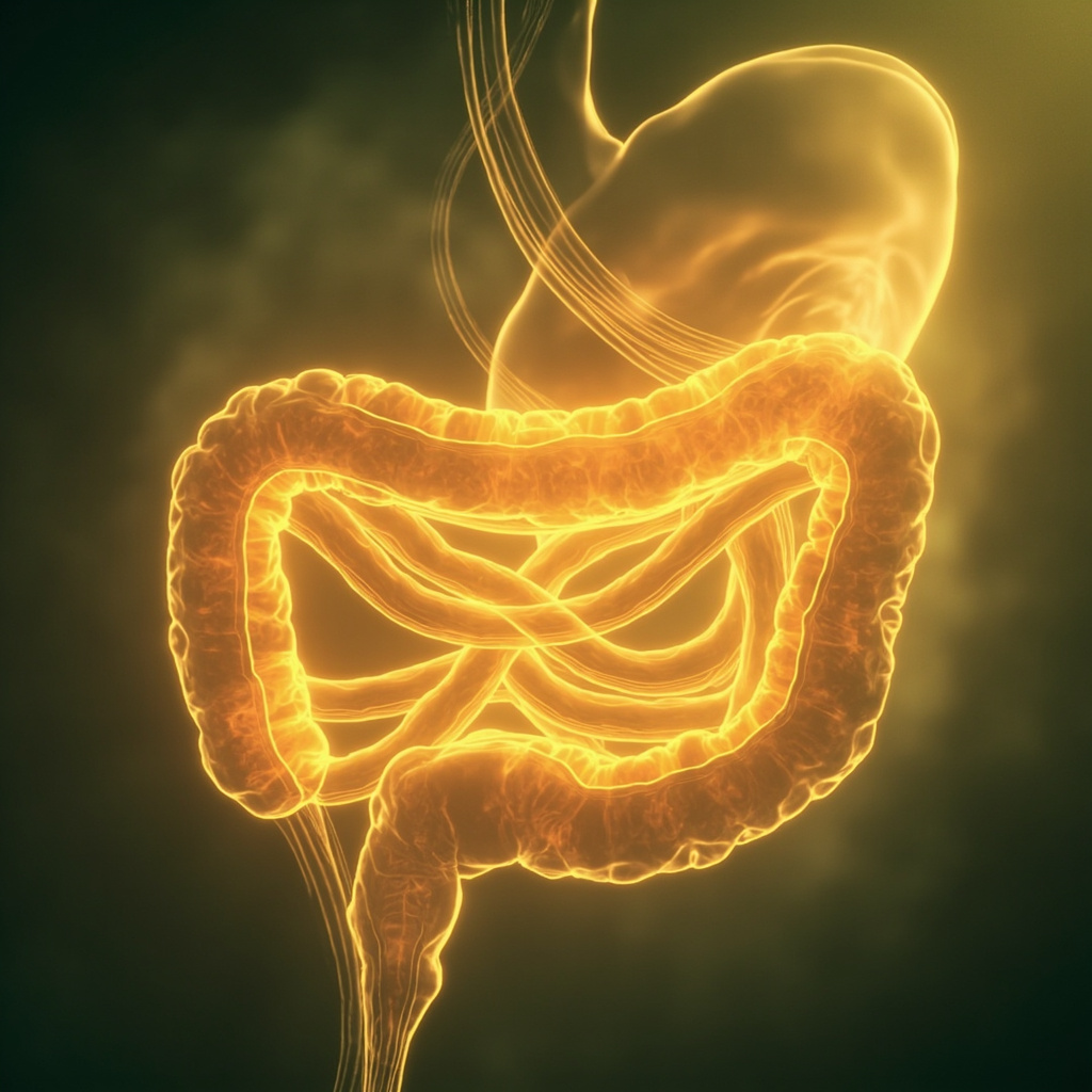 Serene anatomical illustration of the duodenum in the digestive tract, showing smooth muscle layers contracting rhythmically with glowing golden qi energy lines flowing through meridians, soft earthy tones of green and yellow, harmonious and balanced style.