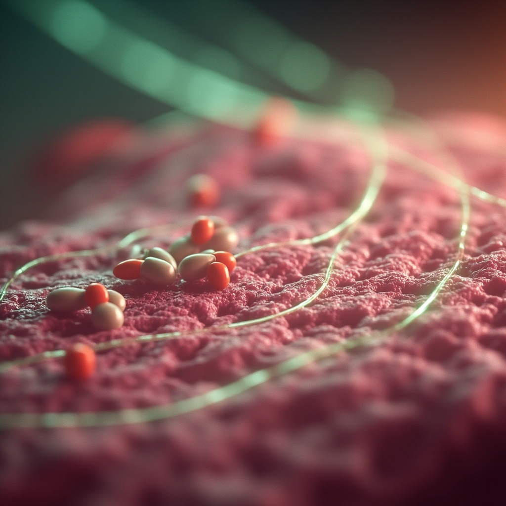 Scientific illustration of Capillaria hepatica eggs embedded in pink liver tissue under microscope, with subtle green glowing TCM liver meridian lines overlay, serene healing aura