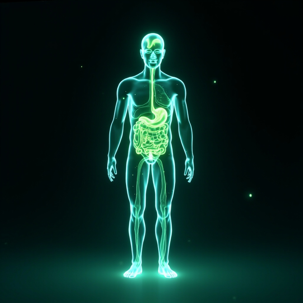 Serene illustration of a human silhouette with glowing green chloride ions flowing smoothly through the stomach, kidneys, nerves, and brain, balancing fluids and energy in soft blue-green tones, evoking TCM harmony and vitality
