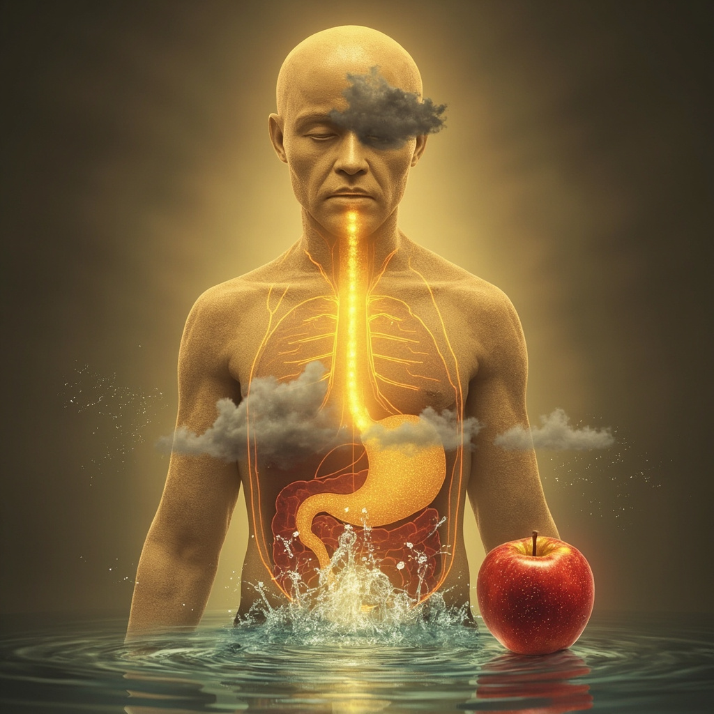 Illustration of human body silhouette with glowing yellow energy pathway of Stomach meridian from below the eye down the face, chest, abdomen to second toe, icons of calm stomach, fading worry cloud, fresh digestion symbols like apple and flowing river.