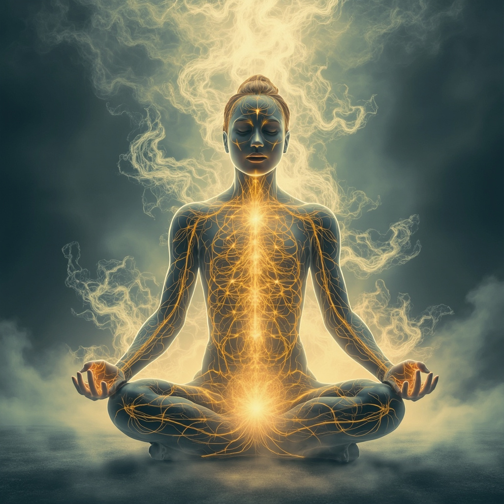 A serene TCM illustration: golden light flowing through meridians, balancing lungs and kidneys, calming fearful emotions into peace, subtle human silhouette meditating.