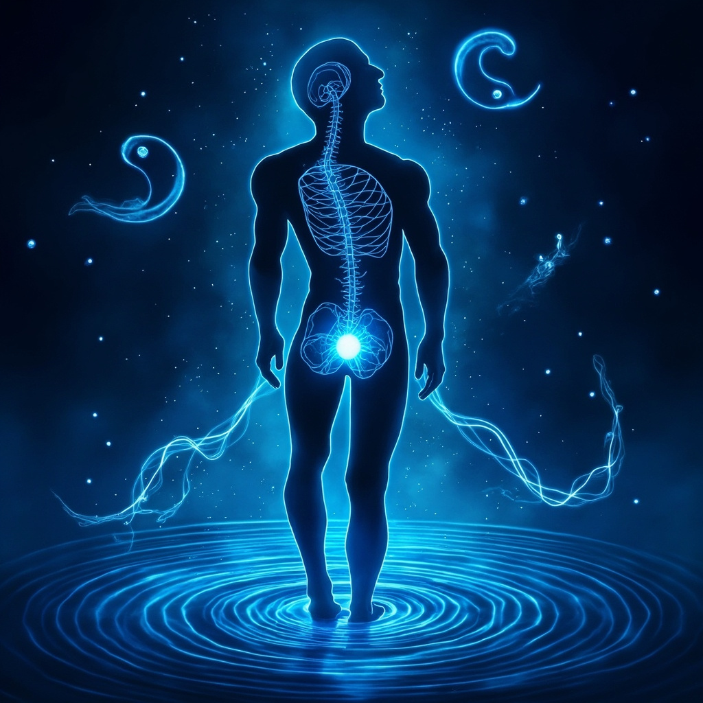 Serene TCM illustration of the bladder organ in blue tones, with glowing bladder meridian lines running down the back of a silhouette human figure, water waves and yin-yang symbols, calm energy flow aura.