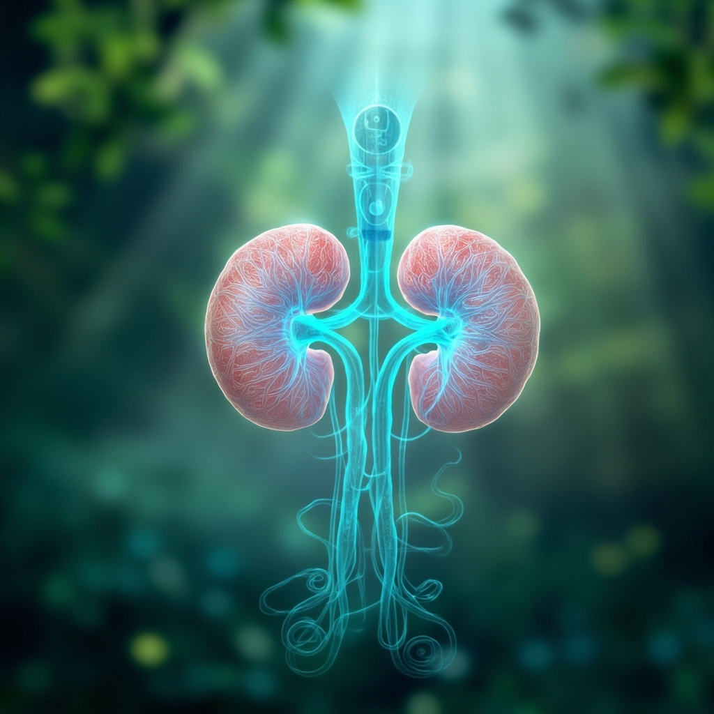 Serene illustration of human adrenal glands atop kidneys, medulla glowing softly in blue, surrounded by flowing TCM meridians and yin-yang symbol, calming nature background.