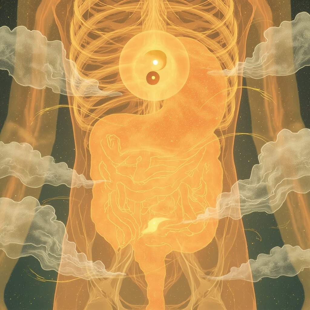 Prompt: Serene illustration of human stomach with glowing relaxed muscles, TCM meridians flowing smoothly, surrounded by soft worry clouds dissolving into digestive harmony waves, in calming blues and greens.