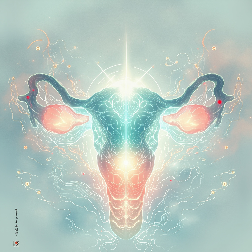 Serene ink-style illustration of a glowing uterus as a nurturing palace in the female pelvis, surrounded by flowing qi meridians and yin-yang symbols in soft blues and pinks, evoking harmony and femininity in TCM aesthetics