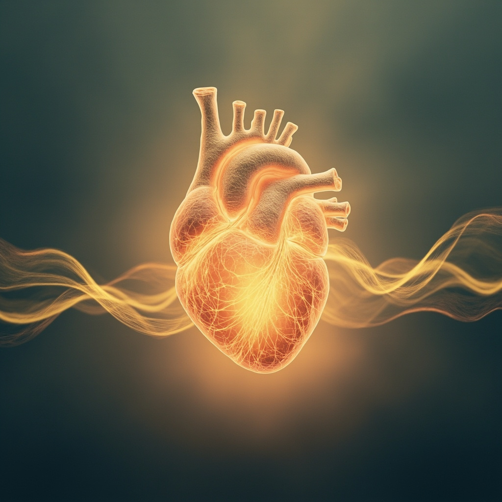 A soft, artistic illustration of a human heart glowing with gentle, golden light, surrounded by harmonious sound waves, set against a calm, serene background.