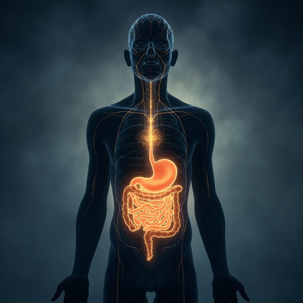 Serene illustration of human silhouette with glowing small intestine in abdomen connected by golden meridians to brain and heart, TCM style, soft blue and orange tones, symbolizing digestive clarity and emotional discernment, high resolution