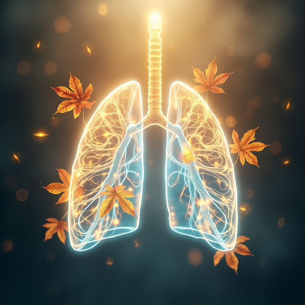 Serene illustration of glowing lungs with flowing golden qi energy along TCM meridians, soft blue airways clear and harmonious, autumn leaves symbolizing Metal element, calming and vital.