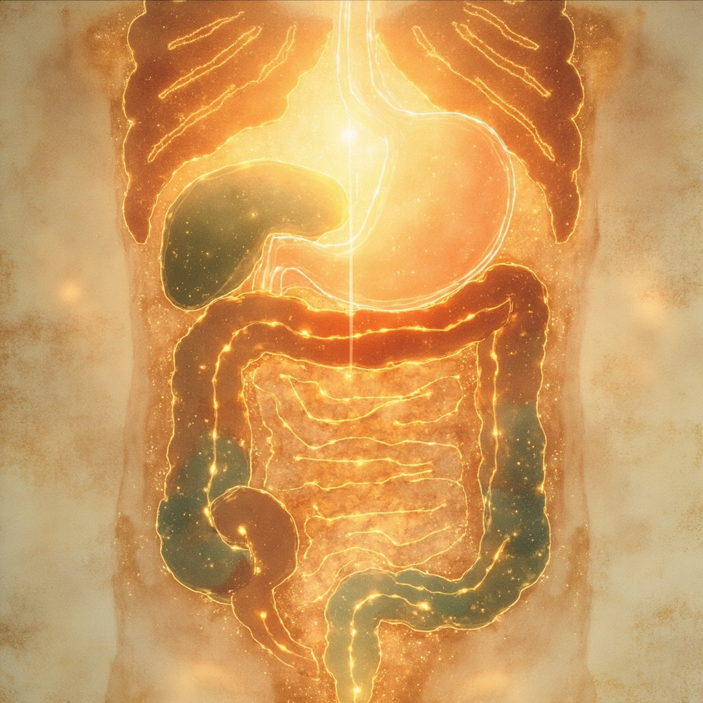 Serene TCM illustration of the abdominal cavity: glowing organs (stomach, intestines, liver, spleen, kidneys) connected by qi meridians in soft earth tones, symbolizing nourishment, emotional grounding, and protective energy flow.