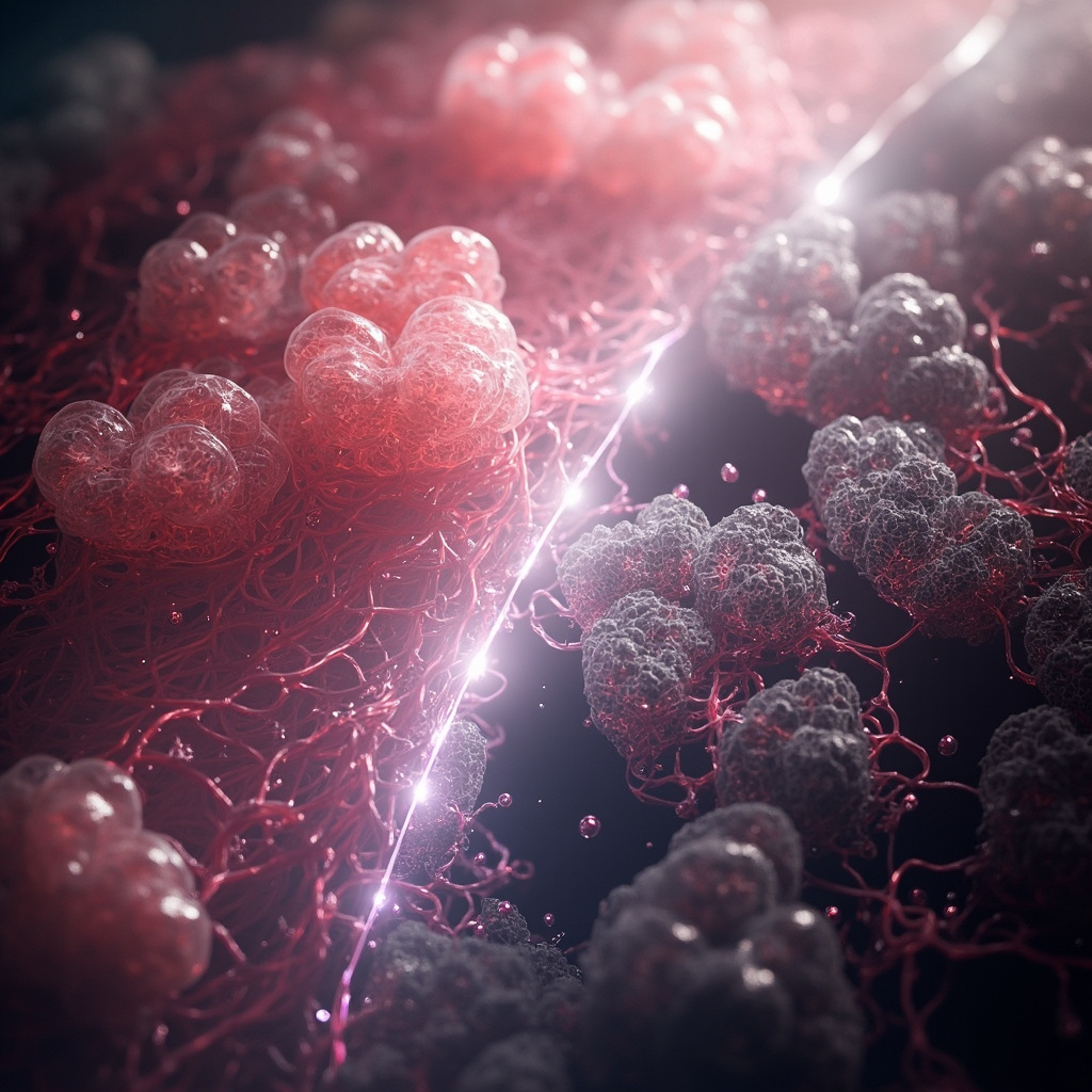 Close-up scientific illustration of healthy pink alveoli clusters in lungs actively exchanging oxygen molecules with blood vessels, contrasted with collapsed gray damaged alveoli, soft ethereal light symbolizing energy flow, subtle abstract fear shadows fading to peace, medical yet artistic style