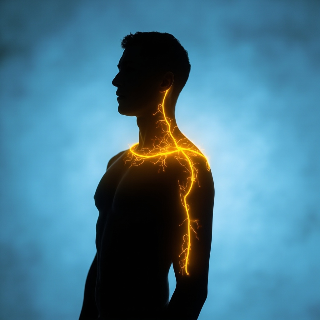 Serene illustration of a human silhouette with the Yang Link Vessel meridian pathway glowing in warm golden light along the outer arm, shoulder, and head, symbolizing protective yang energy flow and resilience against a soft blue background.
