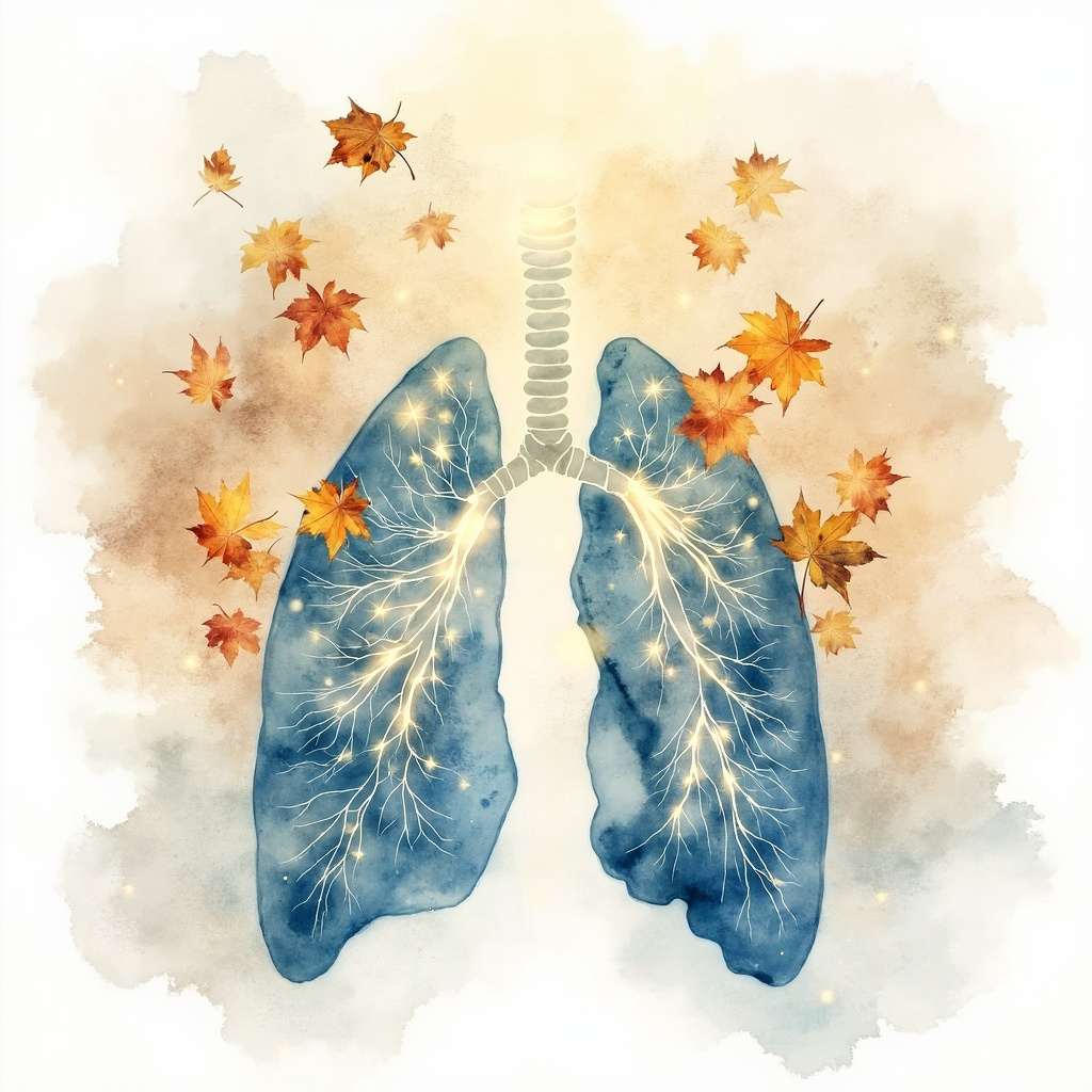 Serene watercolor illustration of human lungs in the chest cavity, with glowing qi energy meridians flowing through them in soft blue and white tones, surrounded by autumn leaves symbolizing the metal element in TCM, ethereal and calming atmosphere.