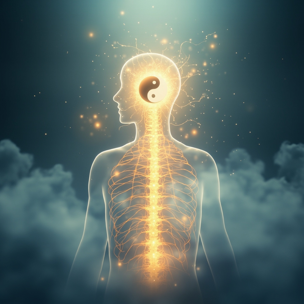 Serene digital illustration of the sympathetic nervous system along the spine, glowing with golden qi energy lines merging into TCM meridians, balanced yin-yang symbol at center, soft blue background evoking calm and harmony.
