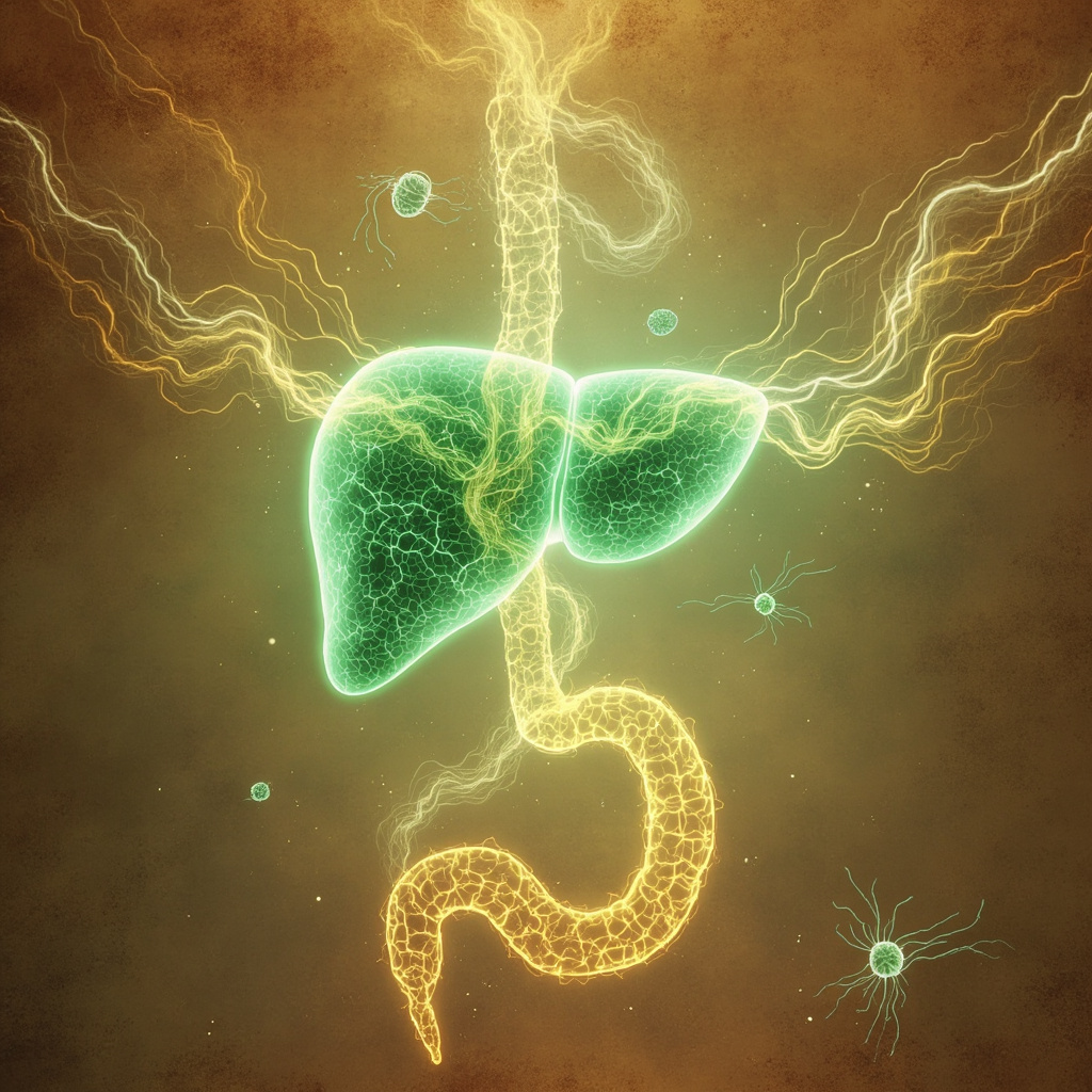 Serene Traditional Chinese Medicine illustration of glowing green liver and intestinal meridians with flowing qi energy gently harmonizing around a stylized protozoan parasite, in soft earthy tones, evoking balance and healing.