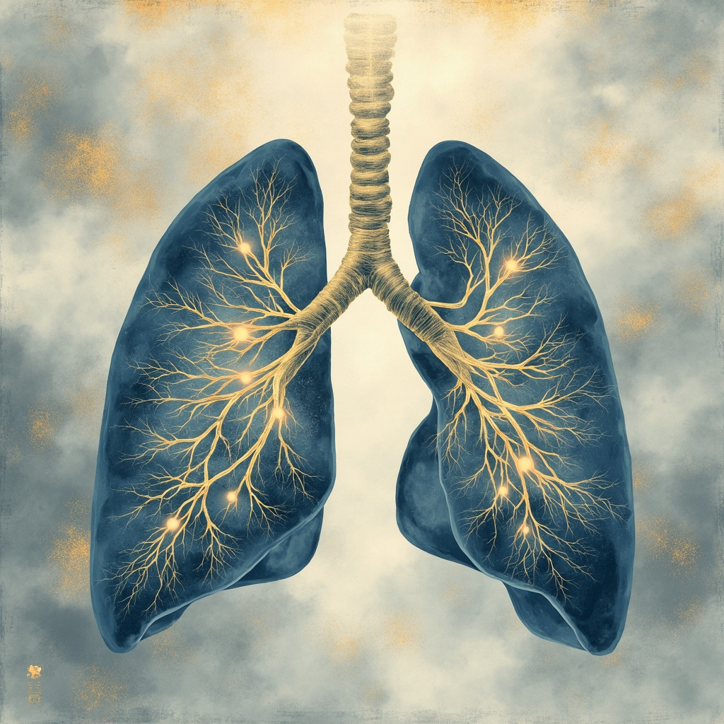 Illustration of human lungs and bronchi with smooth muscle layers glowing softly in blue and gold, showing relaxed open airways with flowing qi energy lines in traditional Chinese ink wash style, serene meditative background.