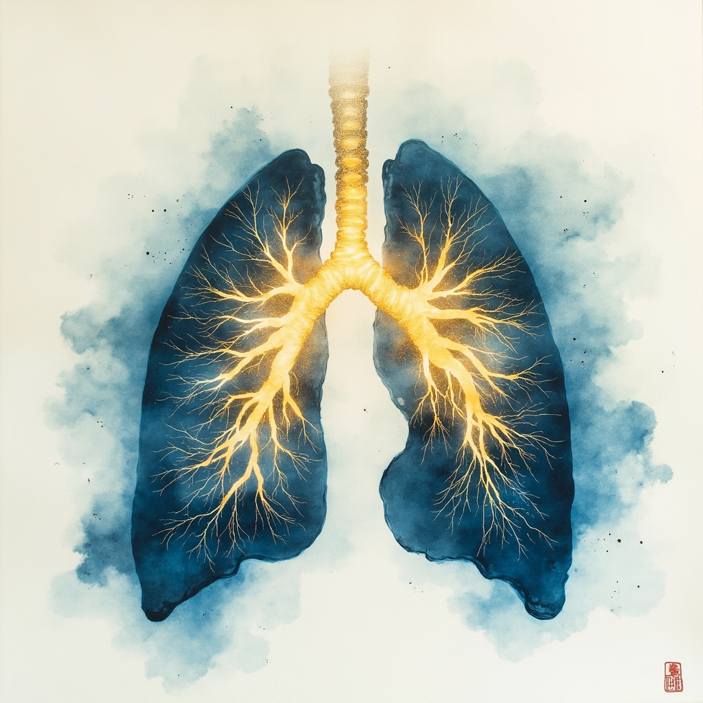 Serene illustration of healthy human lungs glowing with golden qi energy flowing smoothly through alveoli, in traditional Chinese ink style with blue tones for air and calm, symbolizing harmony and respiratory balance