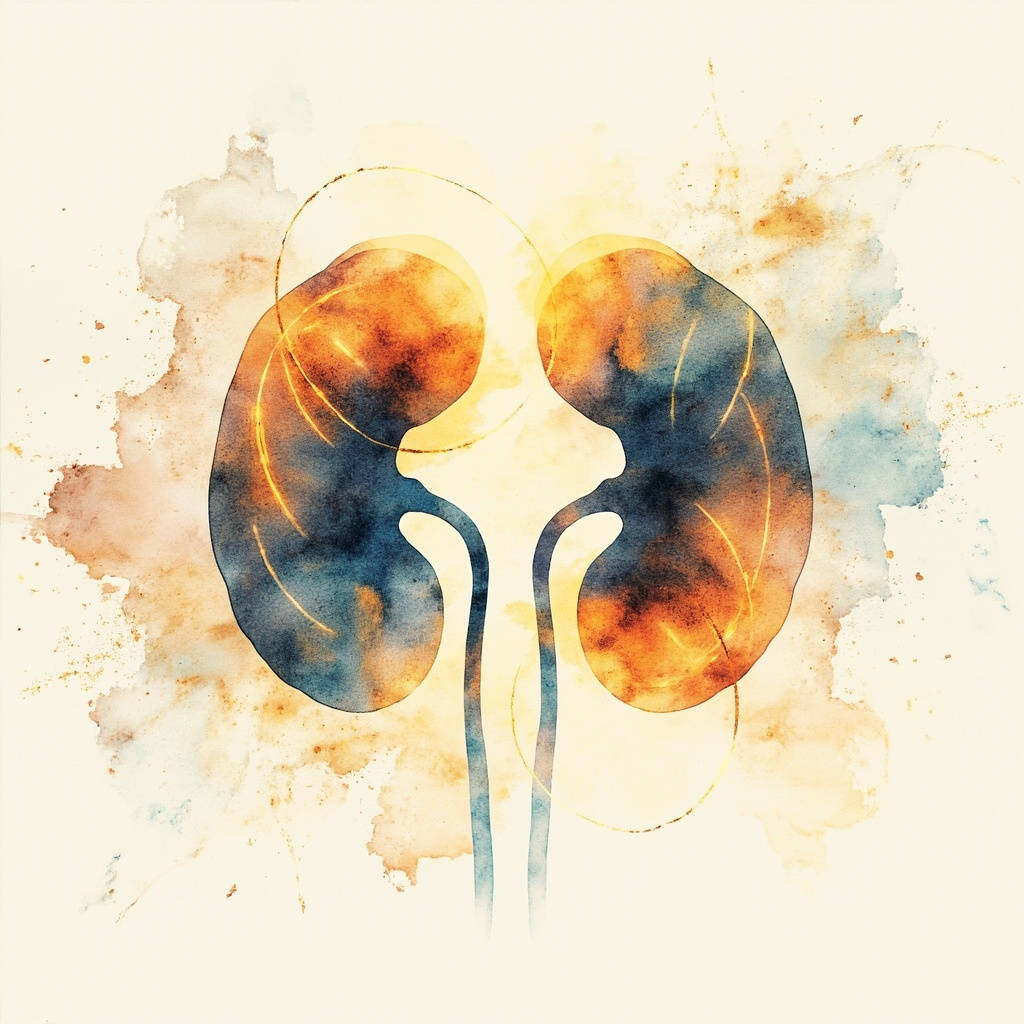 Serene watercolor illustration of adrenal glands atop kidneys, with glowing golden qi energy flows in yin-yang balance, traditional Chinese medicine style, soft blues and warm oranges.