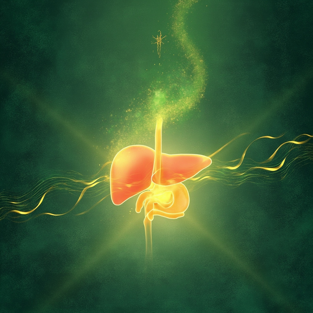 Serene TCM illustration of human stomach with glowing qi meridians, thought bubbles of worry transforming into harmonious energy waves, soft earth tones.