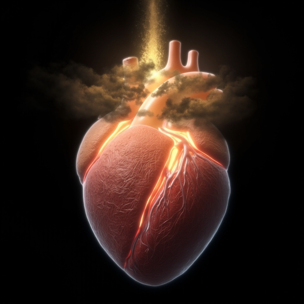 Illustration of the human heart focusing on the pulmonary valve between right ventricle and pulmonary artery, with smooth blood flow to glowing lungs, subtle overlay of transforming grief clouds into peaceful light rays, medical yet ethereal style.