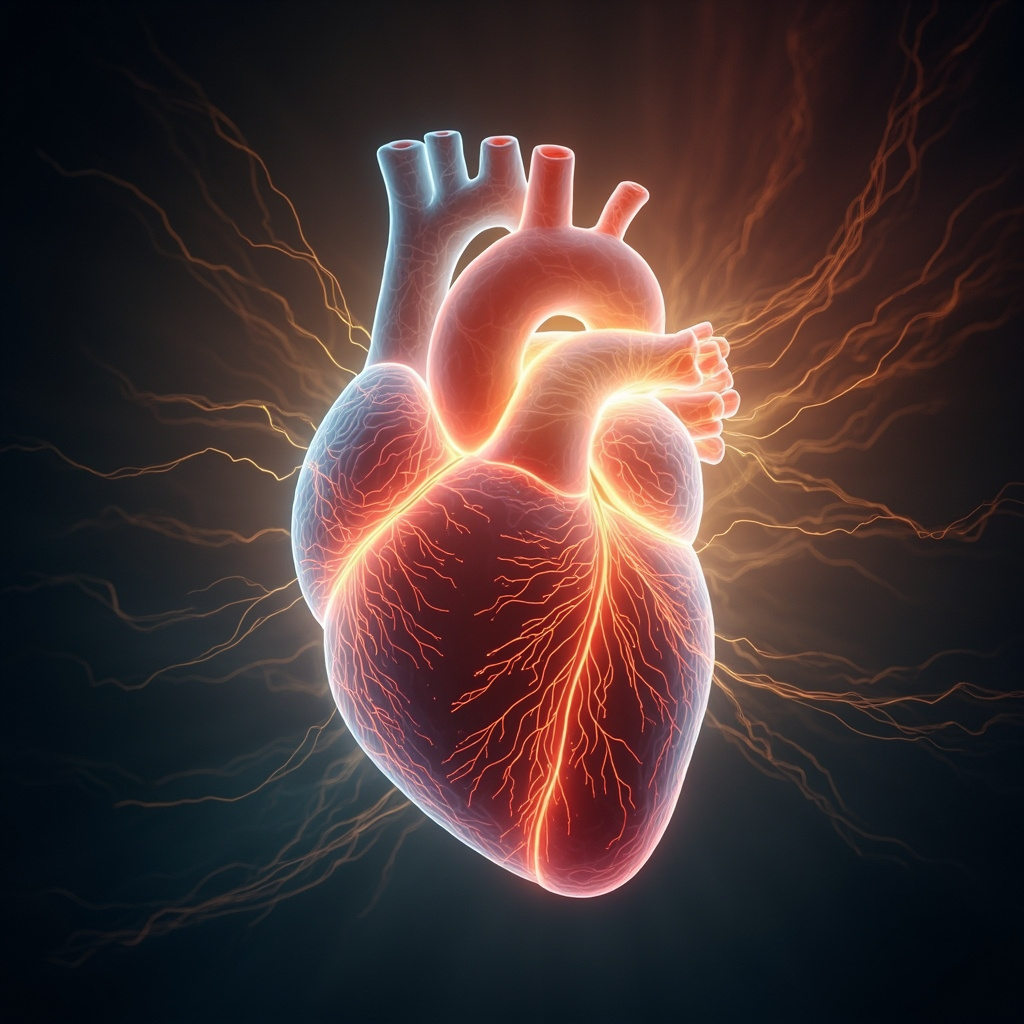 Serene illustration of a glowing human heart enclosed in a translucent protective pericardium sac, with flowing qi energy lines and subtle meridian pathways in soft red, blue, and gold tones, evoking TCM harmony and emotional security.