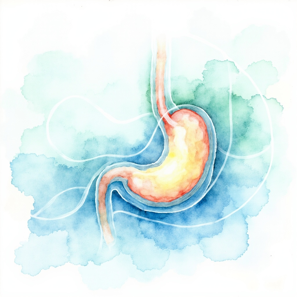 Serene watercolor illustration of a human stomach with a glowing protective mucous layer, surrounded by flowing qi energy lines in soft blue and green tones, evoking balance and moisture in TCM style, no text.