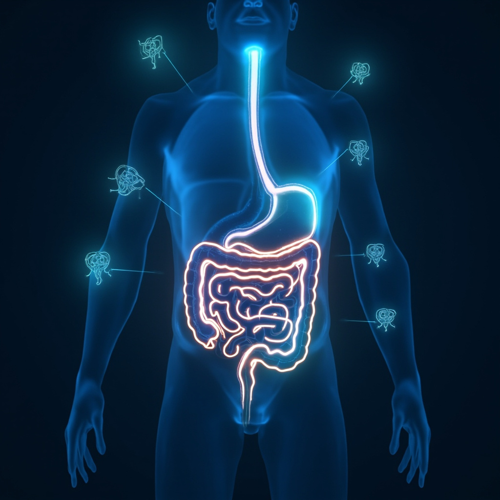 Illustrative image of the human digestive system focusing on the duodenum (first part of small intestine below stomach), with subtle glowing energy meridians along the small intestine pathway, soft blue tones for calm qi flow, overlaid with faint symbolic icons of stress like tangled boundaries or emotional waves, anatomical accuracy for education.