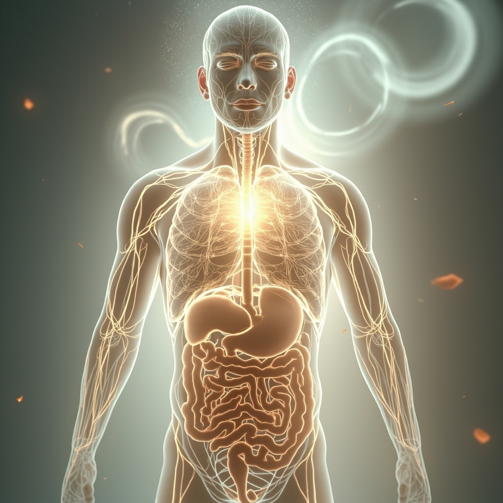 Illustrative image of TCM Metal element meridians glowing harmoniously around lungs and intestines, subtle tin atom integrated without disruption, soft autumn tones, person feeling energized and grief-free