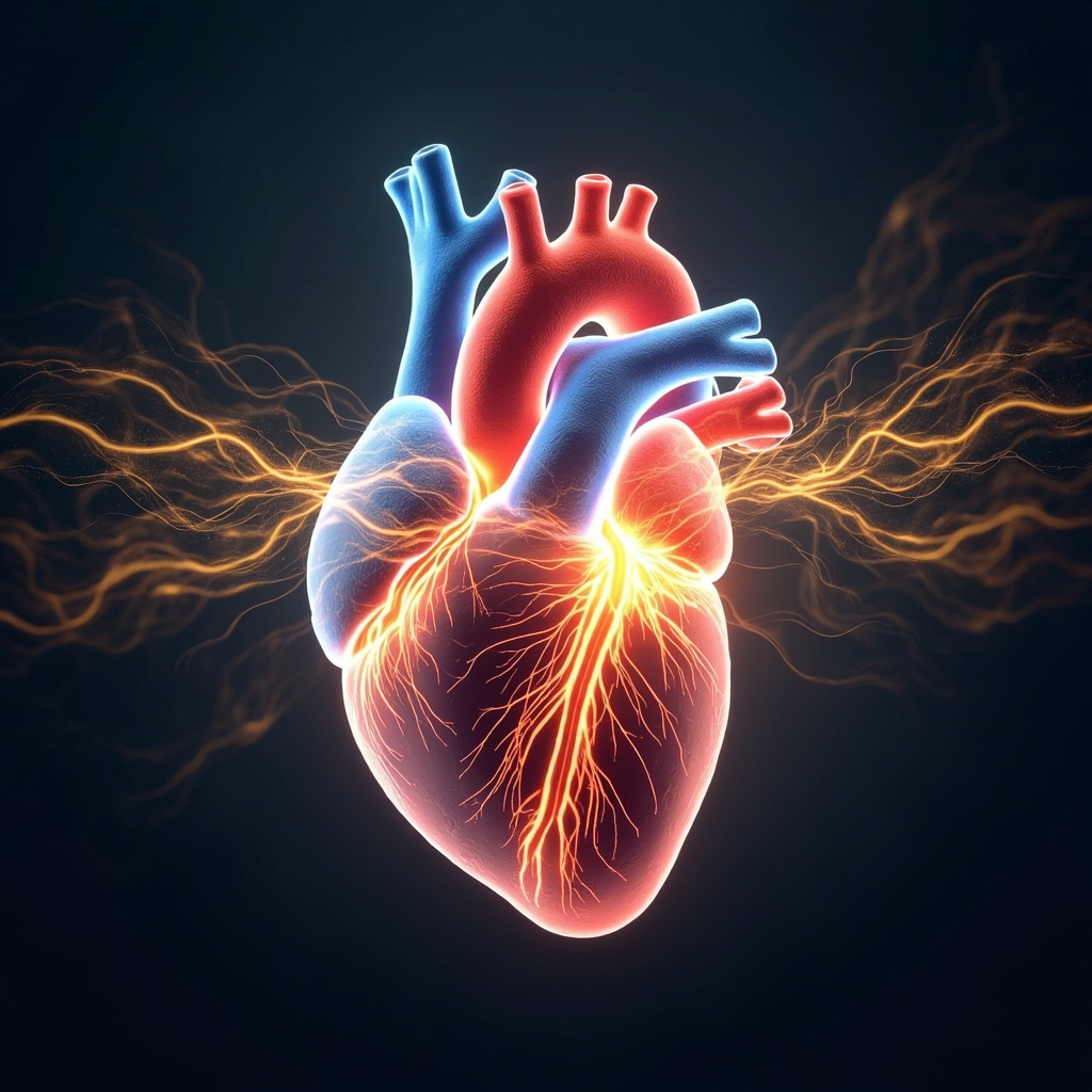 Illustrative image of a glowing human heart in soft blues and reds, highlighting the right ventricle with flowing energy lines in traditional Chinese medicine style, symbolizing qi balance and emotional resilience