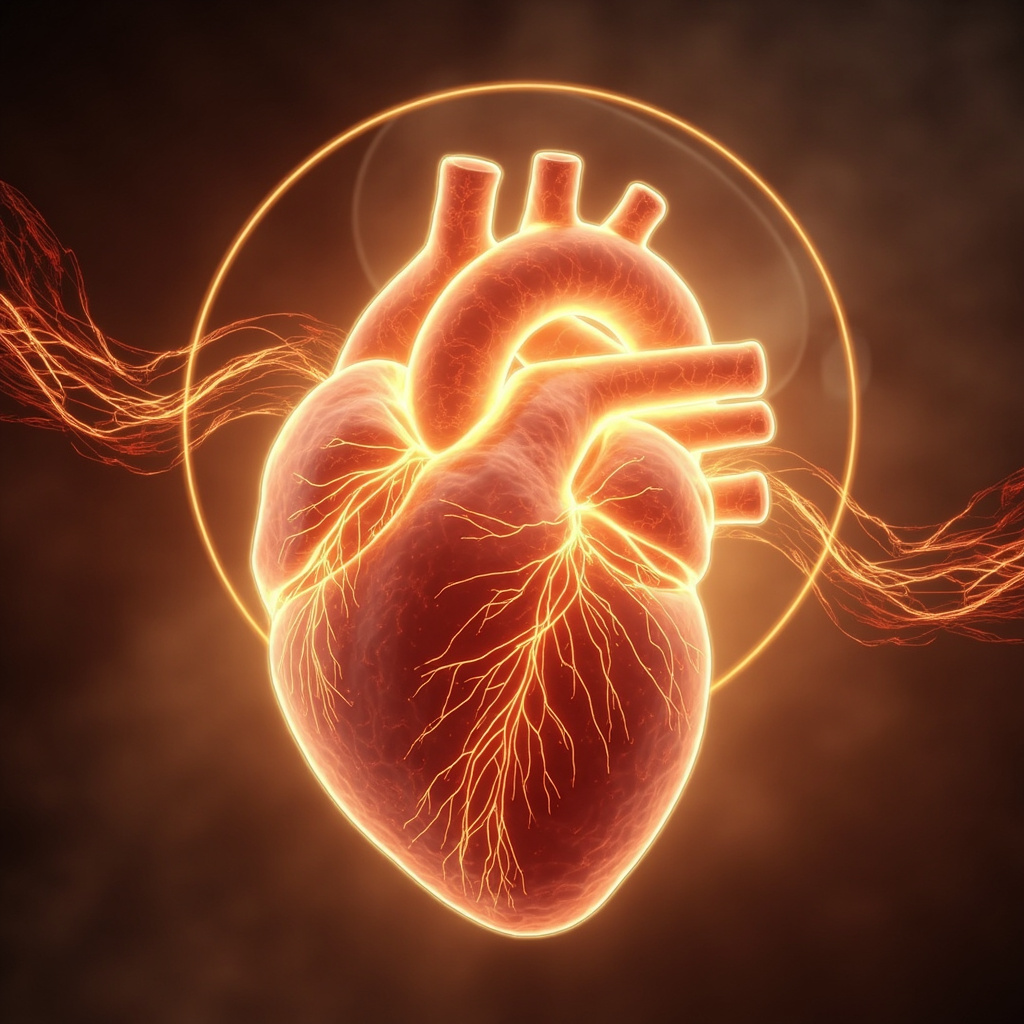 A glowing human heart with subtle electrical waveforms overlayed, intertwined with flowing TCM meridians in red and gold tones, set against a serene yin-yang background, illustrative and calming.